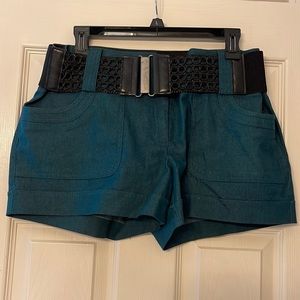 Dark green denim dress shorts with belt